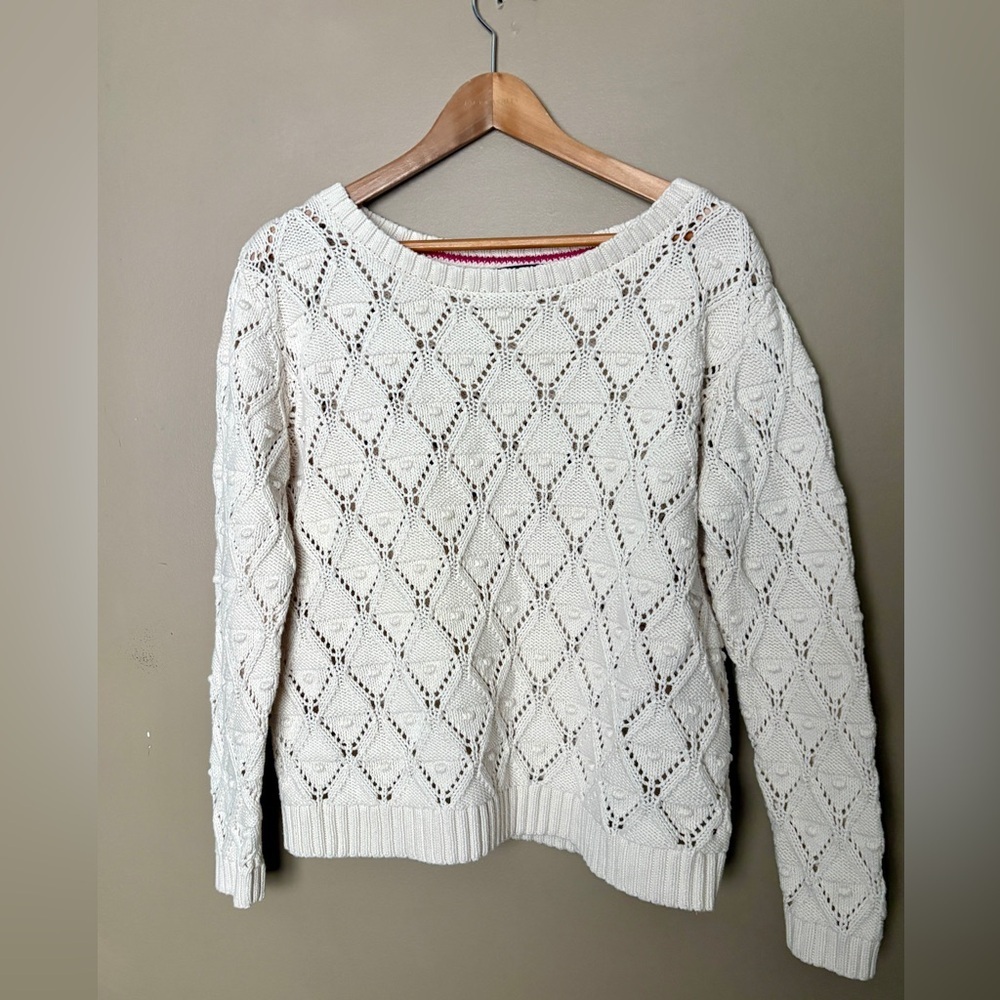 TOMMY HILFIGER ivory crochet open knit sweater sz XL cottagecore chunky Pom Pom - Picture 4 of 16
